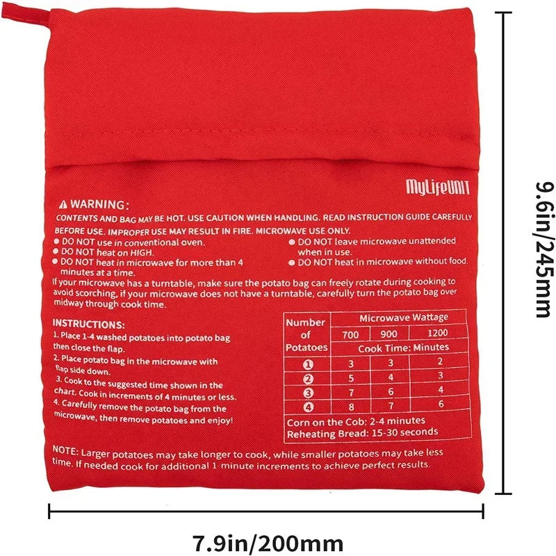 Belro microwave potato bag made of fabric, designed for hot potato storage, with a textured surface and adjustable strap.
