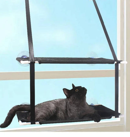 Belro cat window perch hammock attached to a window, providing a cozy resting spot for cats in a home and garden setting.
