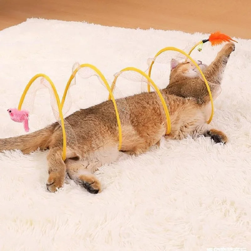 Folded Belro S-Type Spring Cat Tunnel for interactive cat play, featuring durable fabric and spring design for feline entertainment.