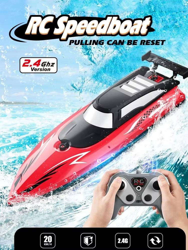 Belro RC boat toy on water, showcasing a sleek design perfect for recreational fun and remote-controlled boating.