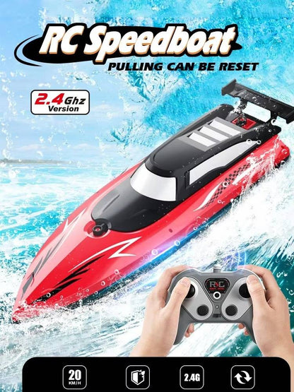 Belro RC boat toy on water, showcasing a sleek design perfect for recreational fun and remote-controlled boating.
