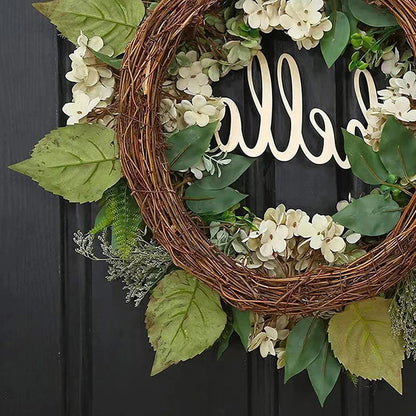 Green hydrangea wreath with a hello sign from Belro, ideal for home decor and garden decoration.