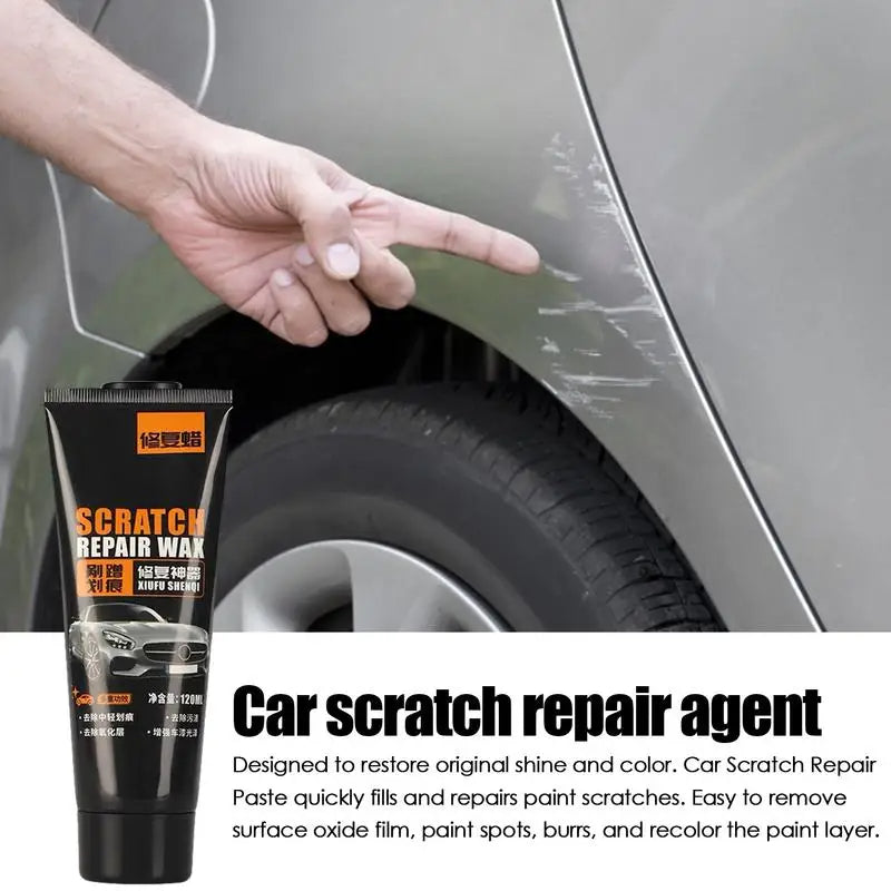 Belro Car Scratch Remover Wax for home and garden, showing the product bottle next to a car with visible scratch repairs.