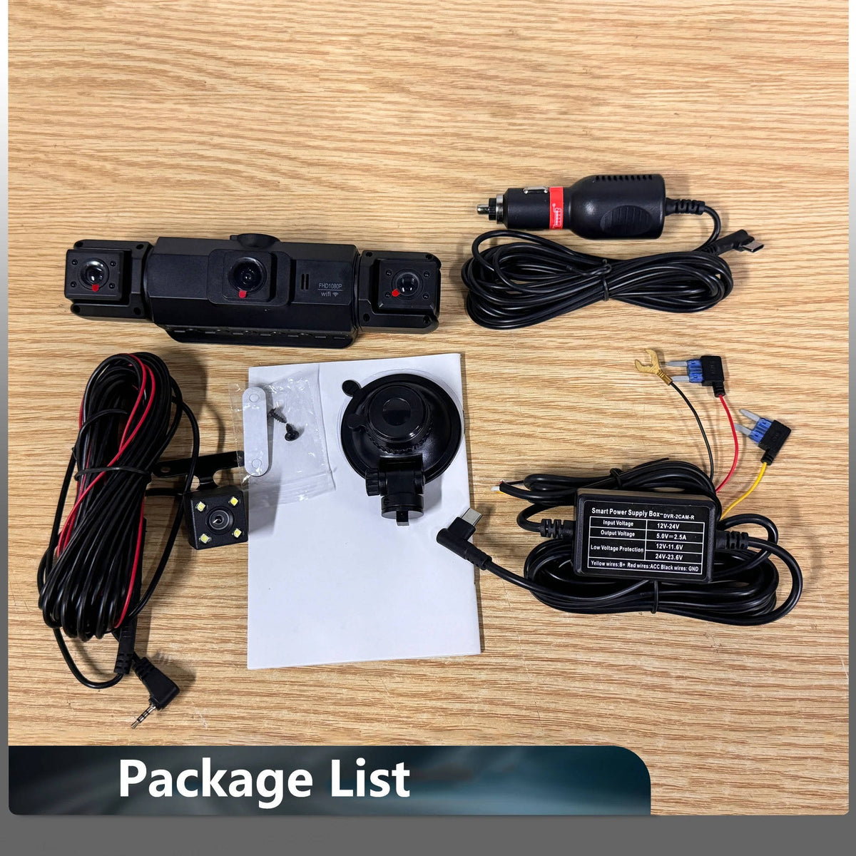 Wireless Belro dash cam with front and rear cameras and night vision, mounted inside a vehicle for recording driving footage.