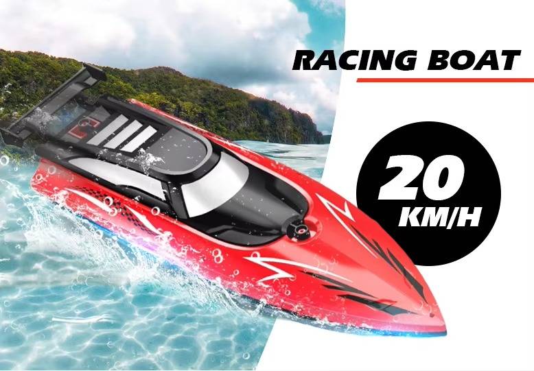 Belro RC boat toy floating on water with sleek design, remote control visible, ideal for outdoor water play and fun.