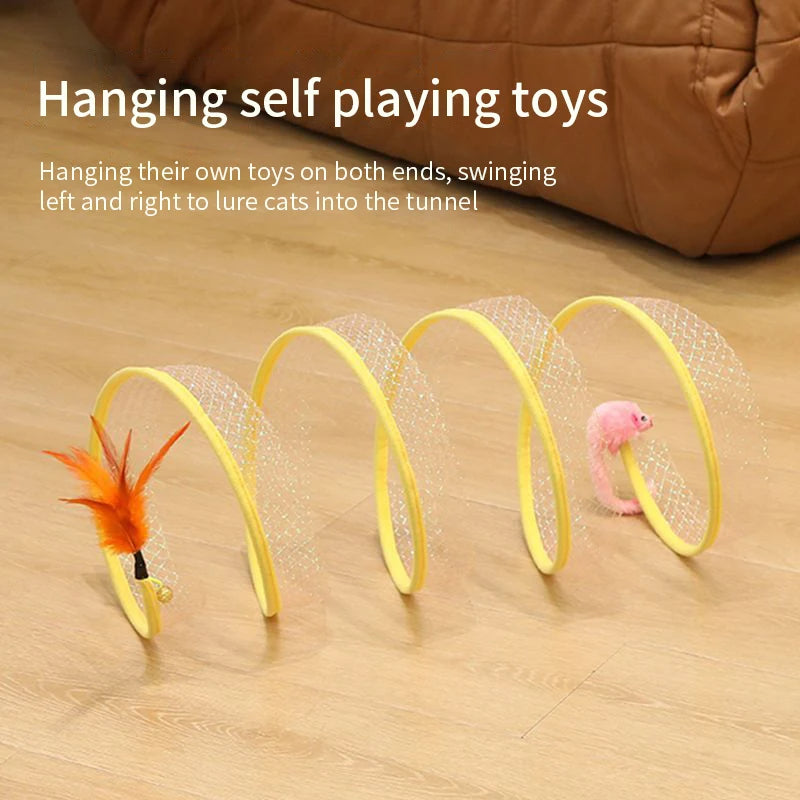Folded Belro S-Type Spring Cat Tunnel, a flexible pet toy for cats, made of durable material perfect for play and hiding.