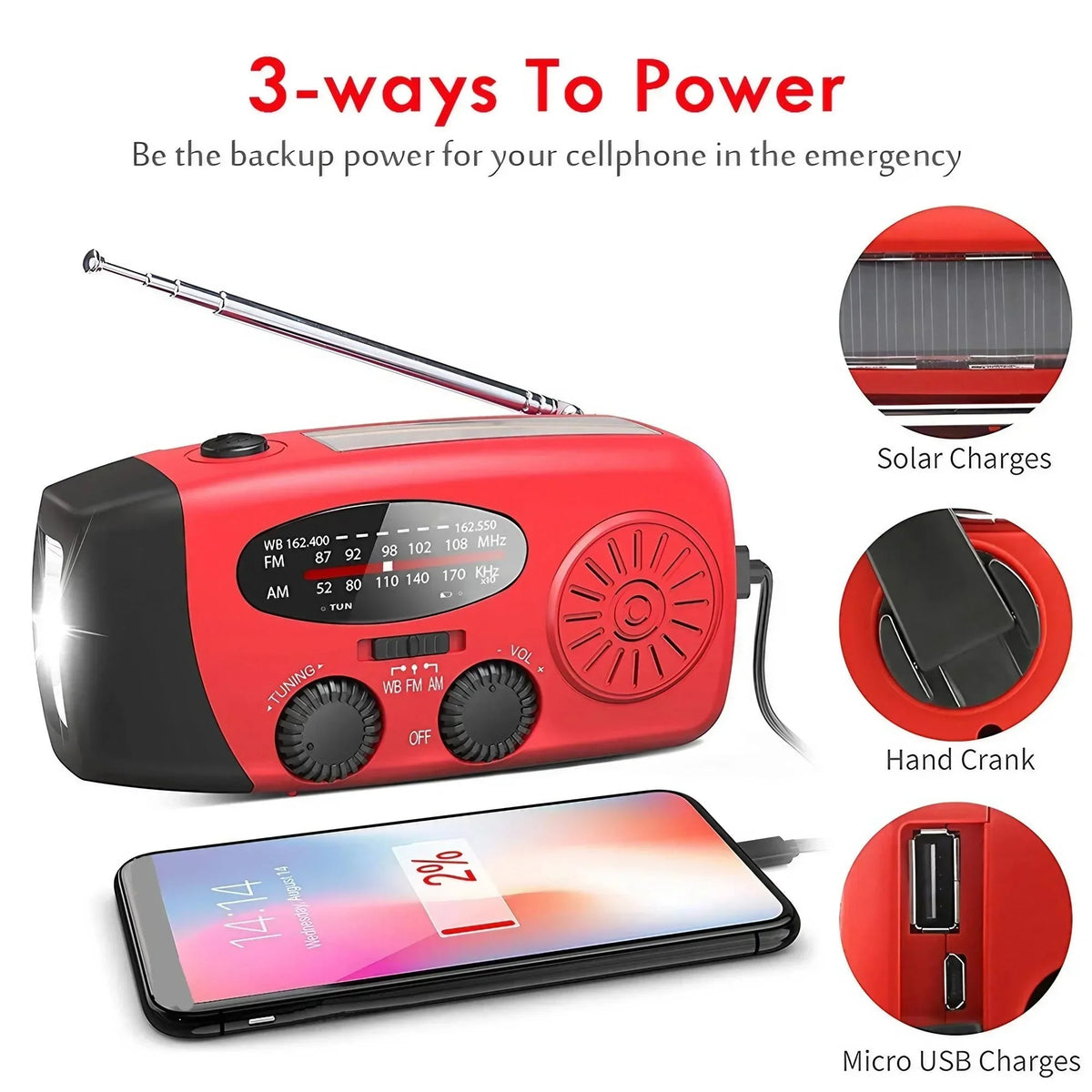 Belro multifunctional hand crank emergency radio with built-in flashlight and power bank, designed for portable outdoor use