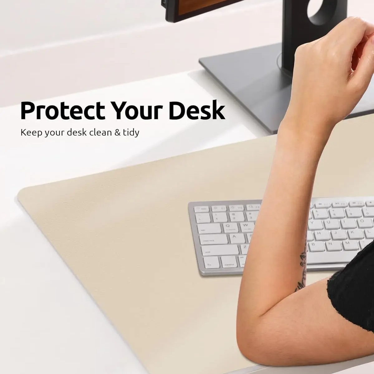 Belro leather desk mat for home office, featuring smooth brown leather surface and stitched edges on a wooden desk.