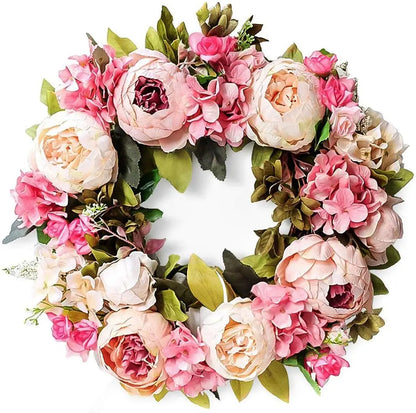 Belro Peony Round Wreath for home decor featuring lush pink peonies and greenery arranged in a circular design.
