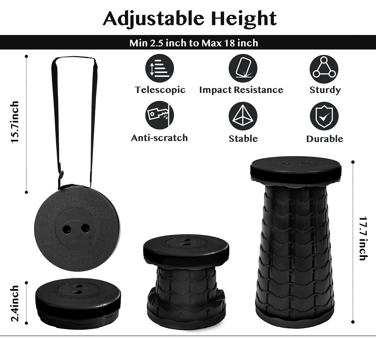 Belro collapsible folding telescopic stool, compact home and garden furniture with adjustable height and sturdy design.