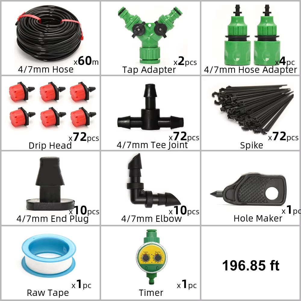 Belro drip irrigation system with automatic timer, showing hoses, connectors, and control unit for efficient watering.
