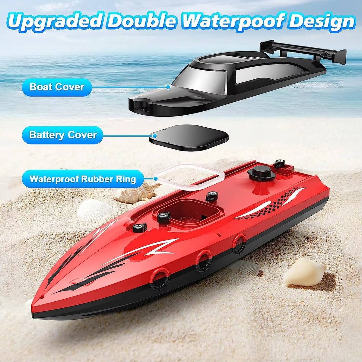 Belro RC boat toy floating on water, colorful remote-controlled boat with sleek design, perfect for outdoor water play.