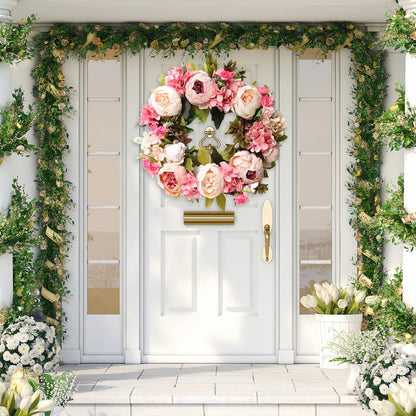Belro Peony Round Wreath featuring pink and white peonies with green foliage for home decor.