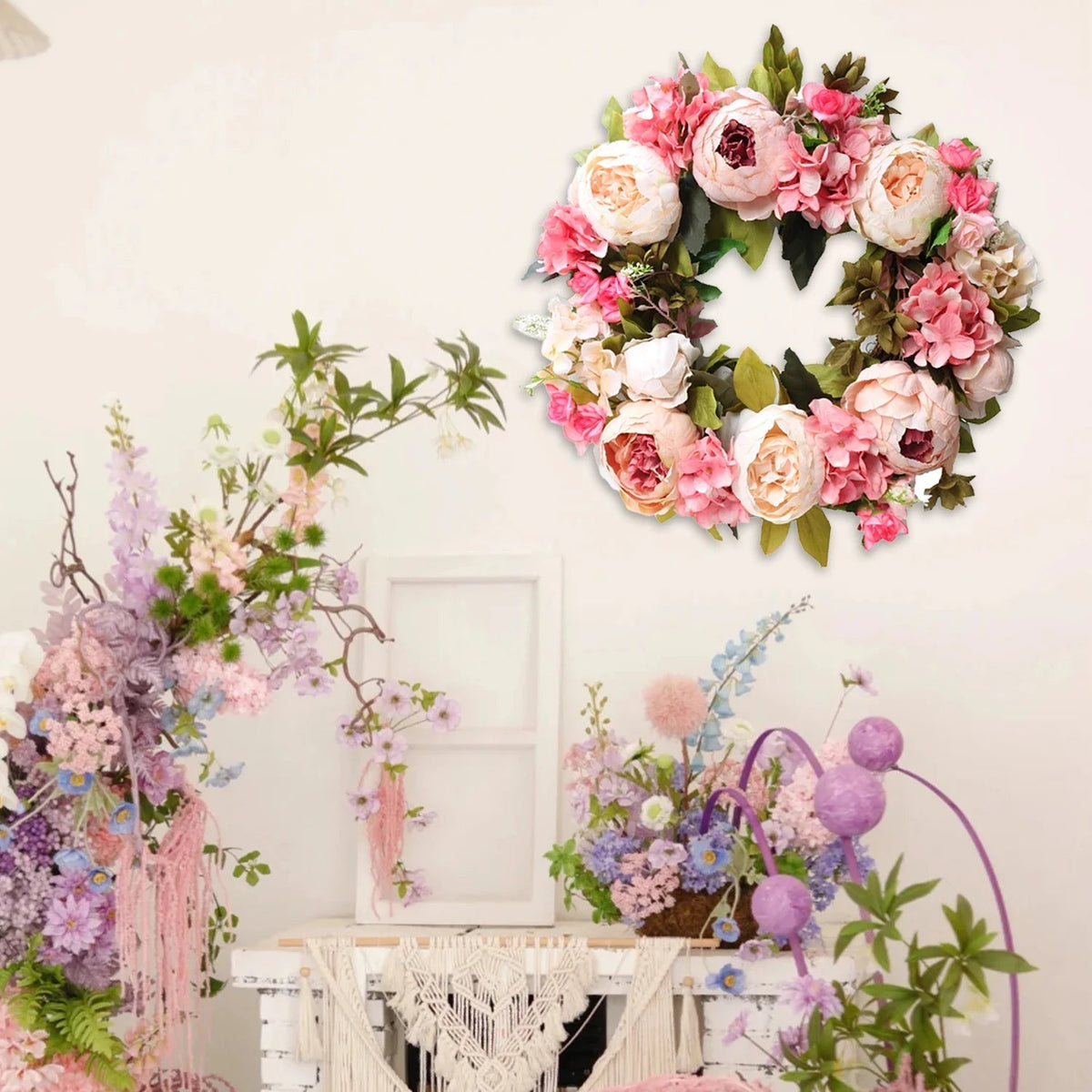 Belro Peony Round Wreath with pink and white peonies, perfect for home decor and garden styling.
