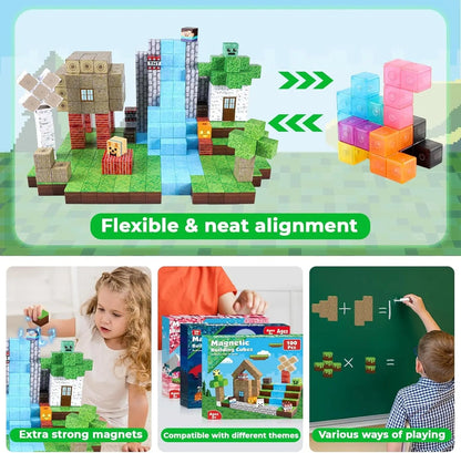 Belro magnetic building blocks 100-piece STEM toy set featuring colorful magnetic blocks arranged in various geometric shapes.