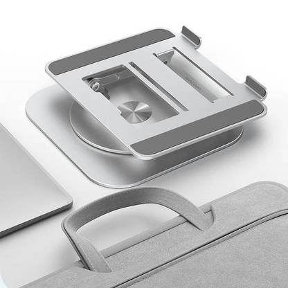 Belro aluminum alloy laptop stand with 360-degree rotating bracket for adjustable computer support and ergonomic setup.