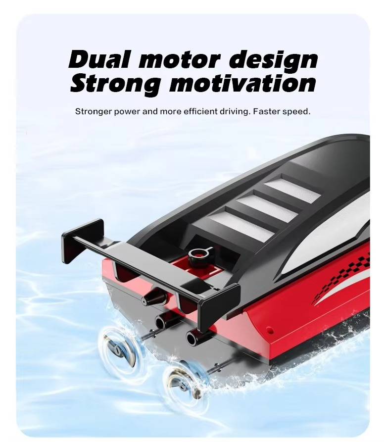 Belro RC toy boat floating on water, detailed remote-controlled boat perfect for outdoor play and water adventures.