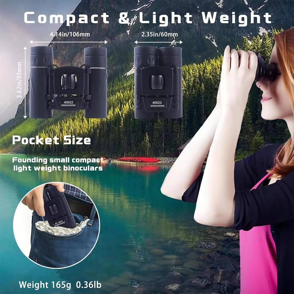 Belro Long Range 40x22 bird watching binoculars showing the binoculars with a focus on the lenses and compact design