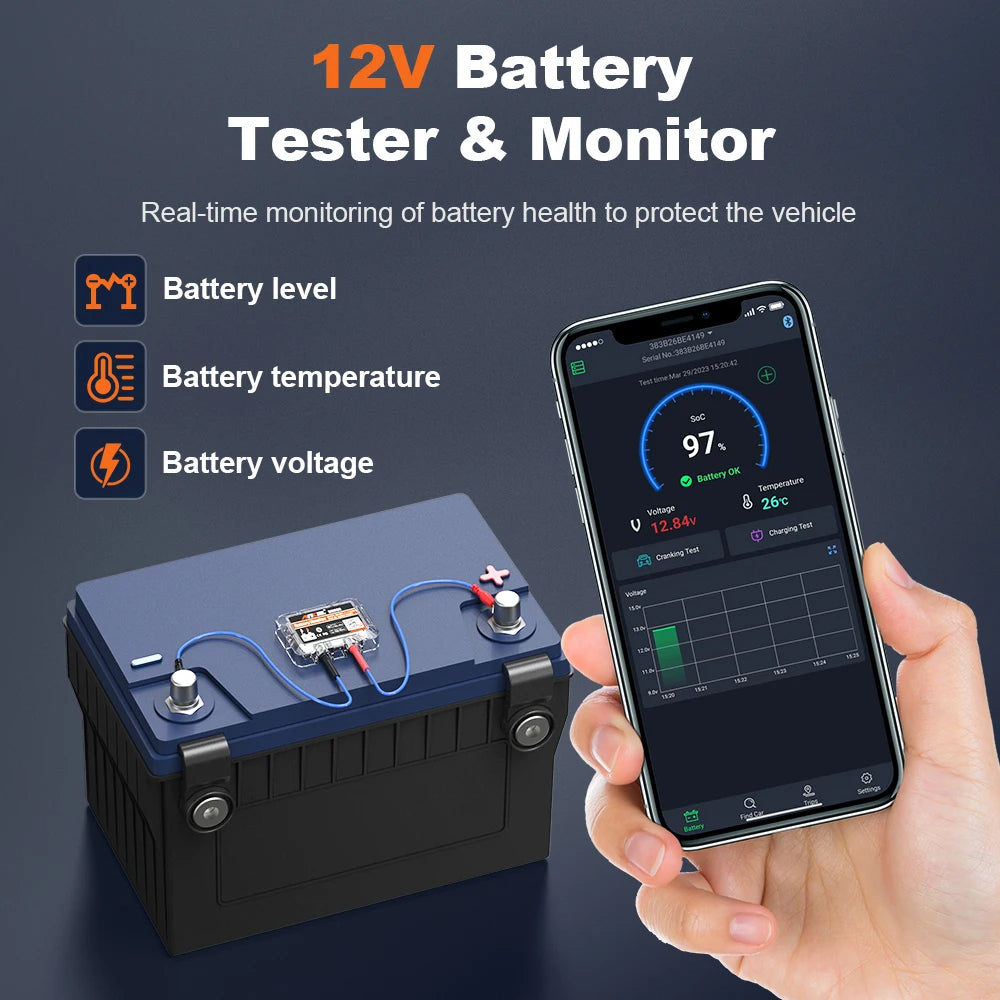 Belro Bluetooth car battery tester showing digital display and testing ports for automotive batteries.