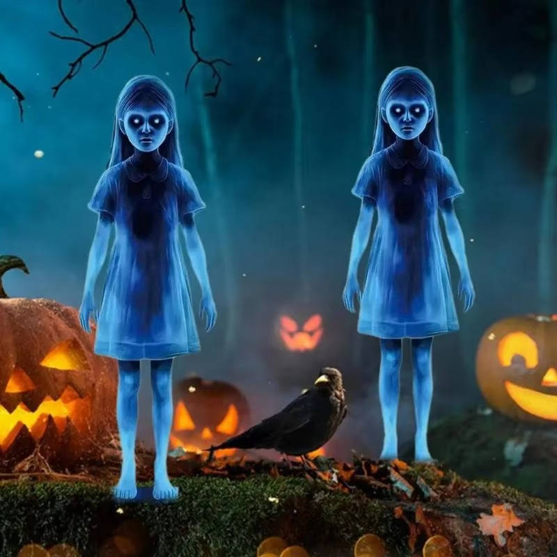 Girl ghost Halloween courtyard decoration costume by Belro featuring a spooky ghost girl in a flowing white dress.