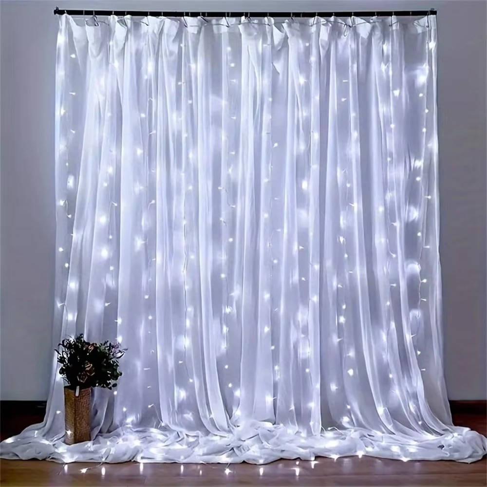 Belro Curtain LED Lights hanging outdoors, decorative string lights for home and garden ambiance, warm glow with multiple bulbs