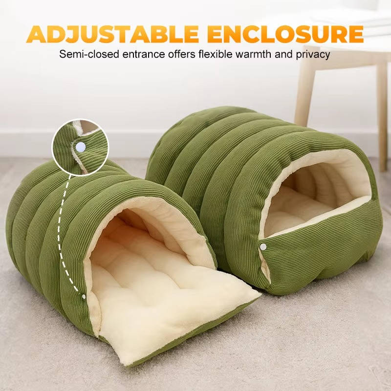 Belro removable and washable winter cat bed with closed-off design, cozy pet furniture for cats, in soft fabric with cushioned interior.