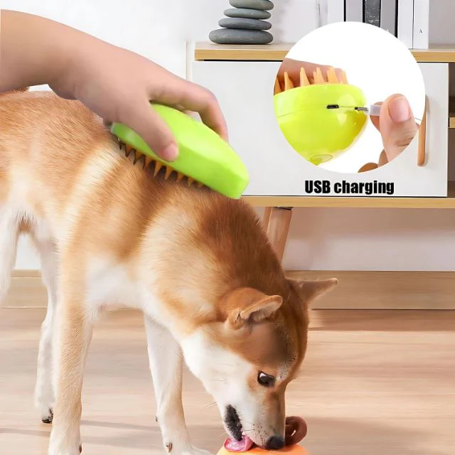 Belro Steamy Dog Brush for grooming, showing the brush and dog fur, designed to reduce fur mess and make grooming easier.