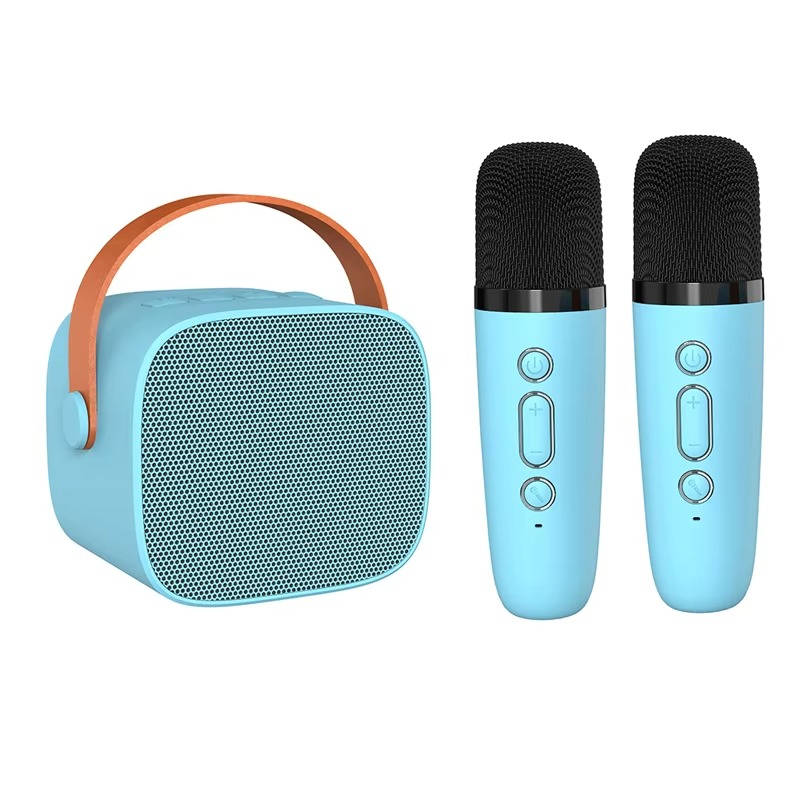 Belro Mini Karaoke Machine with two wireless microphones for kids, featuring colorful controls and built-in speaker for fun singing games.