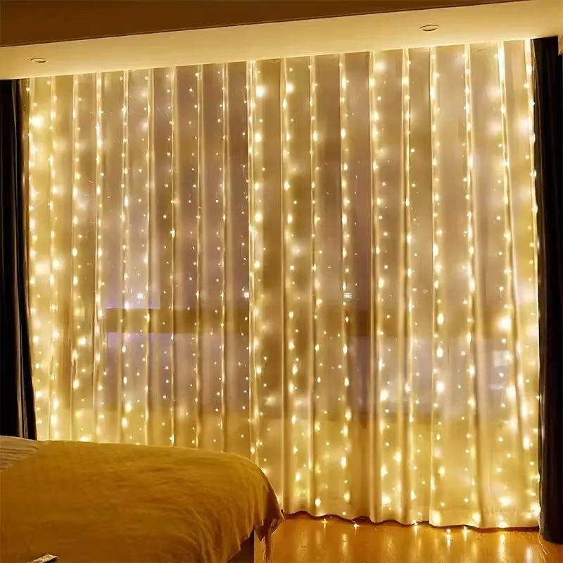 Belro Curtain LED Lights hanging outdoors, decorative string lights for home and garden outdoor spaces.