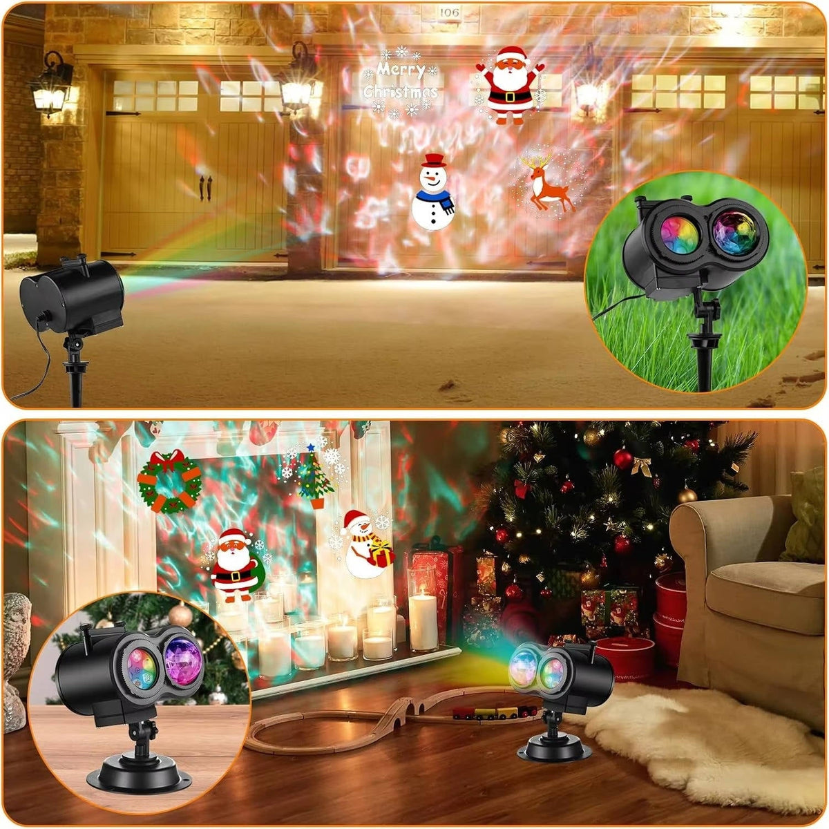 Belro Christmas projector lights outdoor decoration displaying festive holiday patterns on a wall.