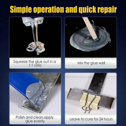 Belro Metal Repair Glue container, versatile tool for fixing metal objects, with a white and blue label on a white background.