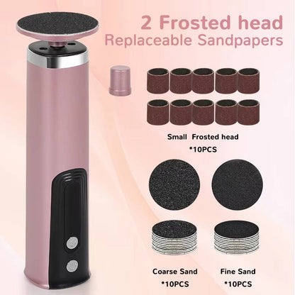 Belro electric callus remover for soft feet, shown with a rechargeable device and exfoliating head on a clean foot.