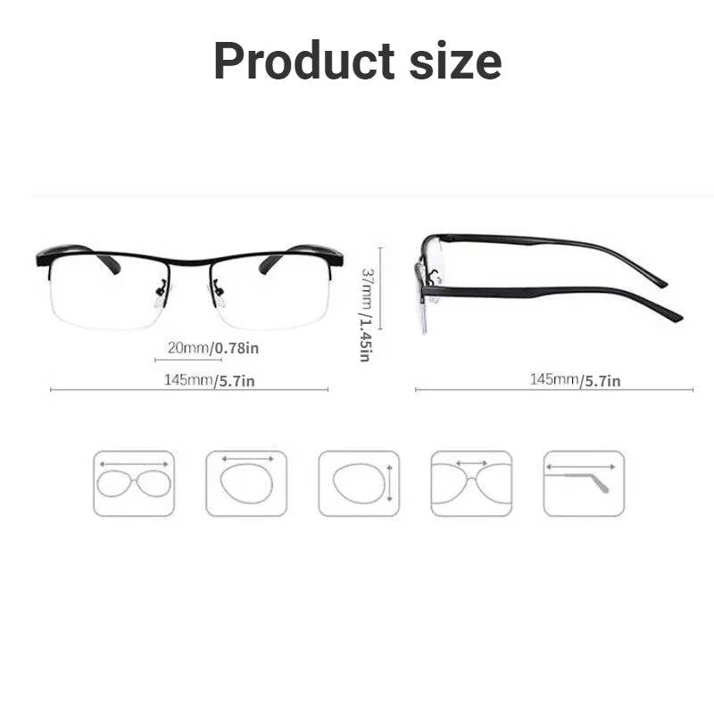 Belro smart German progressive glasses with multifocal lenses for reading and distance vision, shown in a close-up view.