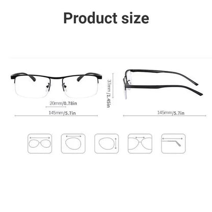 Belro smart German progressive glasses with multifocal lenses for reading and distance vision, shown in a close-up view.
