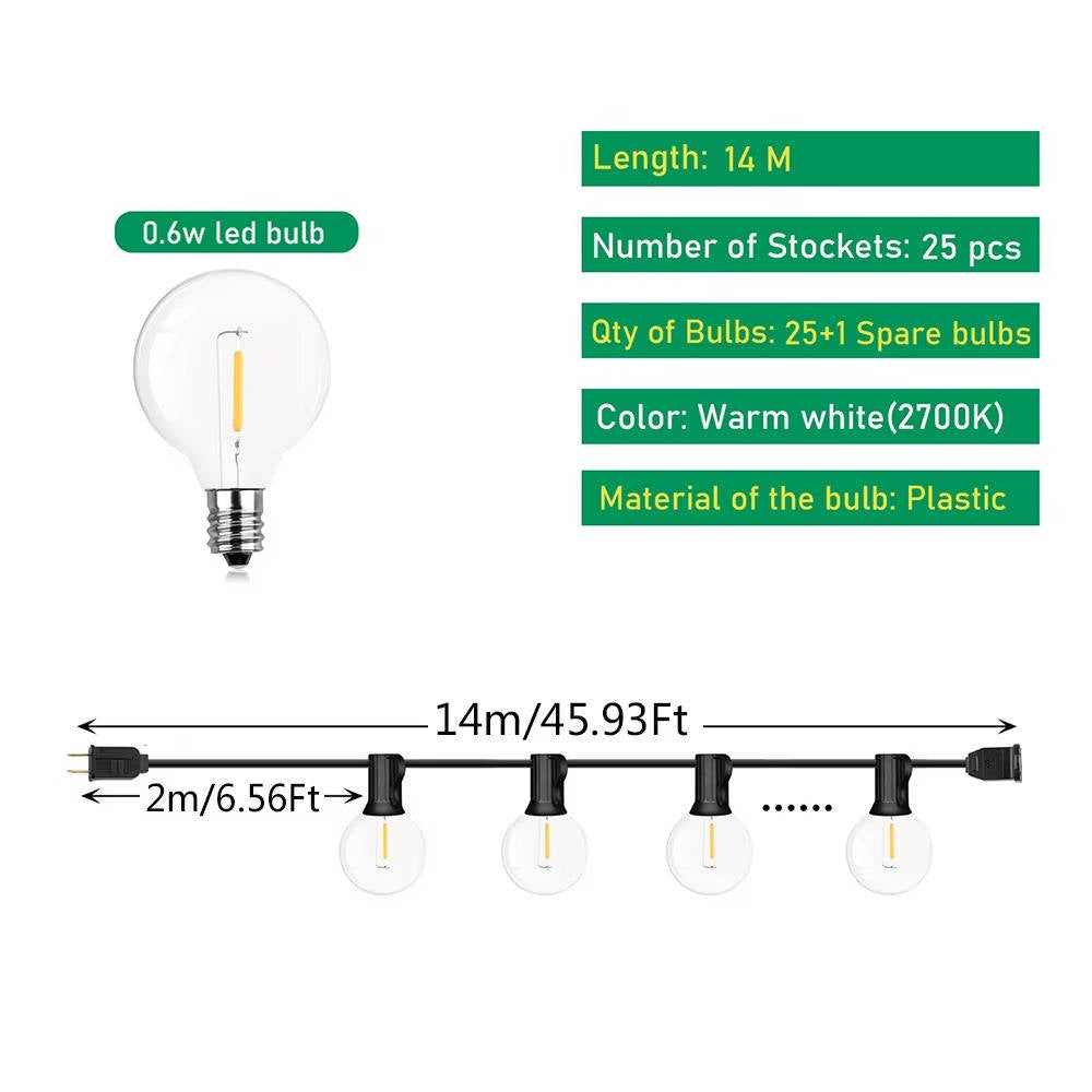 Belro LED outdoor string lights hanging outdoors, perfect for garden or patio decor, with warm glowing bulbs in a natural outdoor setting.