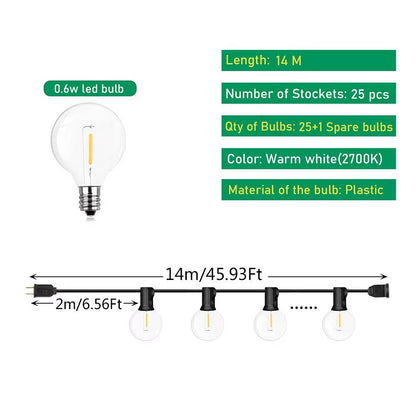 Belro LED outdoor string lights hanging outdoors, perfect for garden or patio decor, with warm glowing bulbs in a natural outdoor setting.