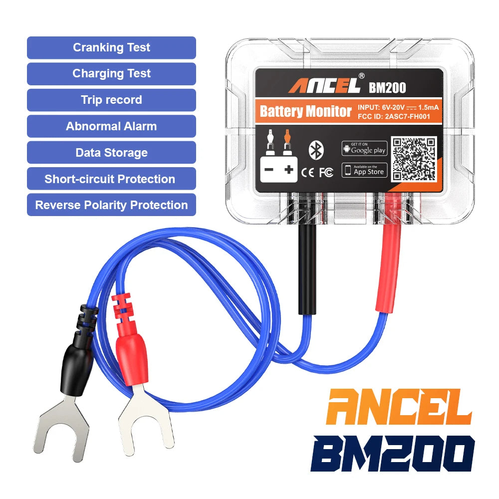 Belro Bluetooth car battery tester displaying battery health and voltage on a digital screen. Electronic power and charging device.