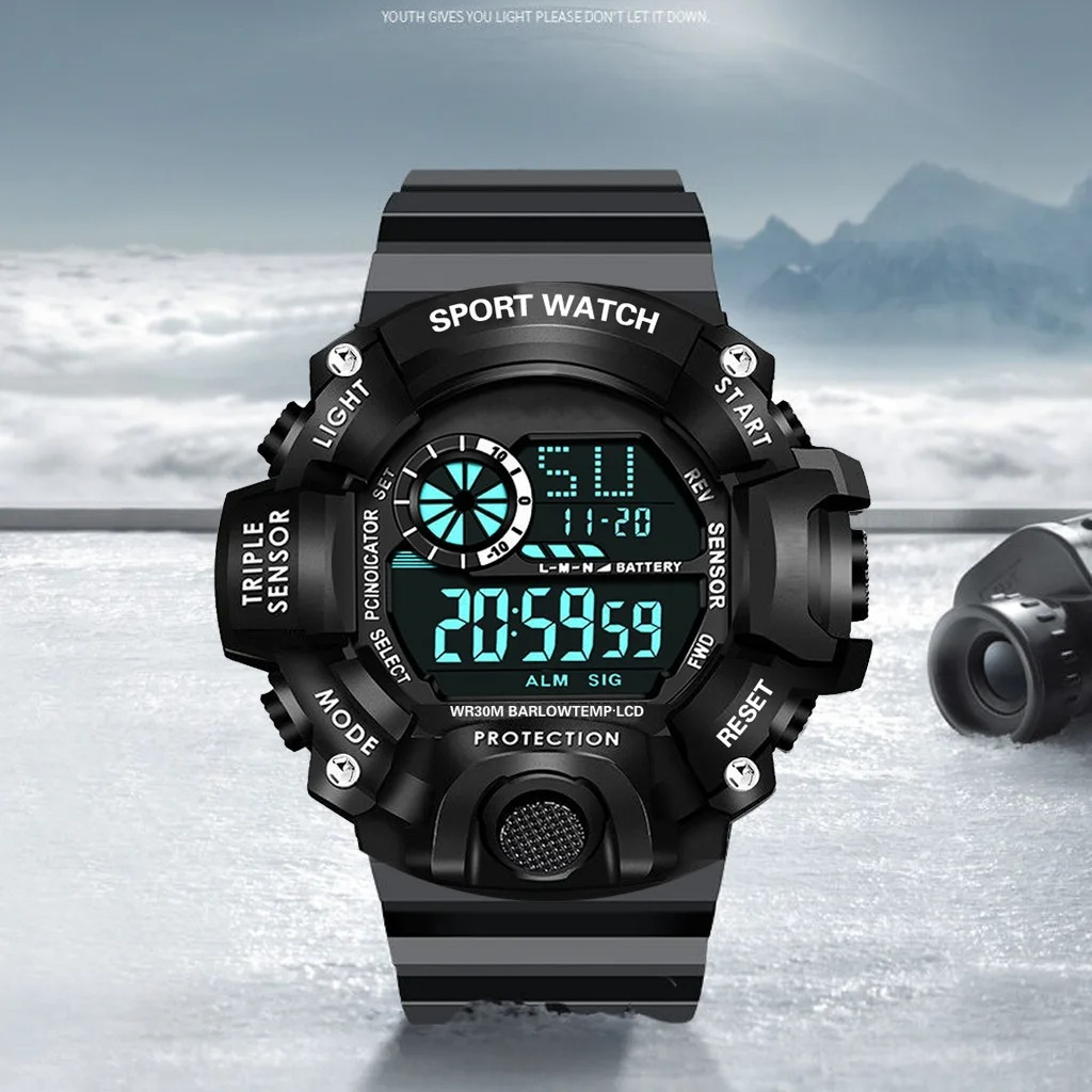 Men's Belro digital sports smartwatch with a black band and colorful display screen, showing time and activity metrics.