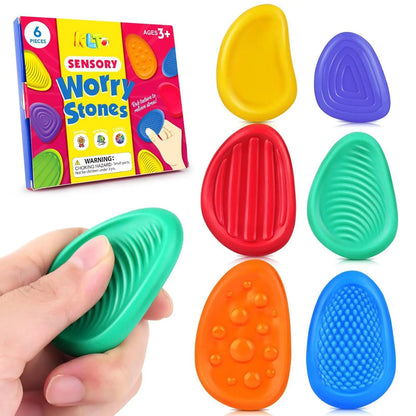 Six Belro silicone sensory stone fidget toys in a 6-pack, soft, textured, and squeezable for stress relief and sensory play.