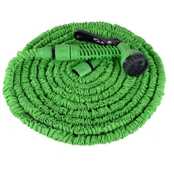 Belro expandable garden water hose stretched out outdoors, showcasing its flexible and lightweight design for garden watering.
