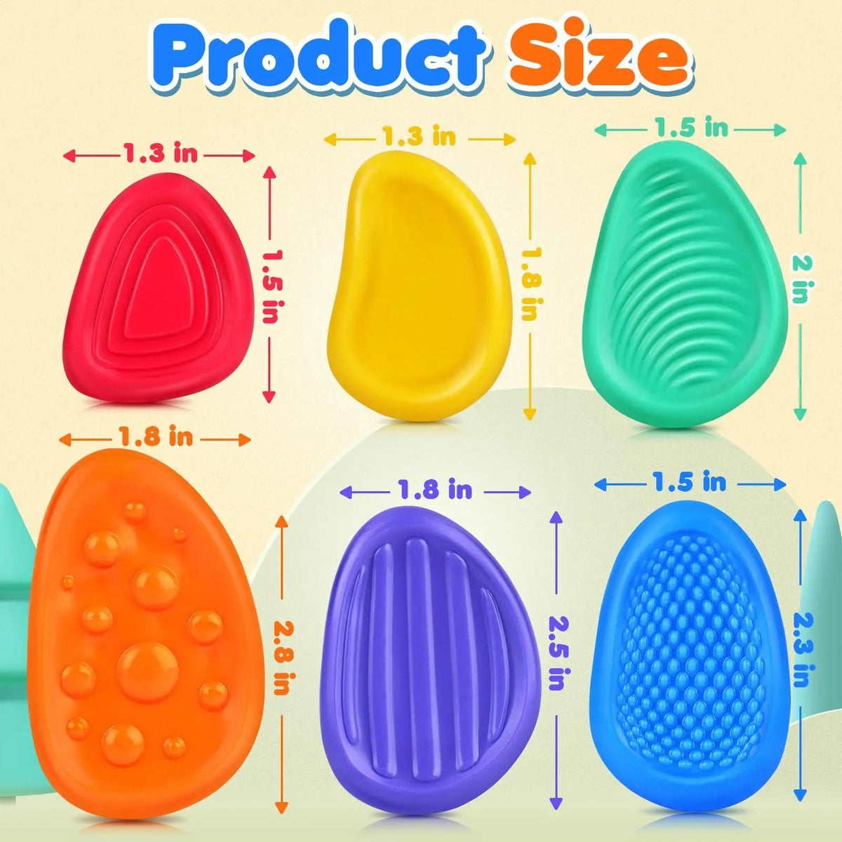 Six Belro silicone sensory stone fidget toys in a pack, designed for stress relief and sensory stimulation, shown in various colors.