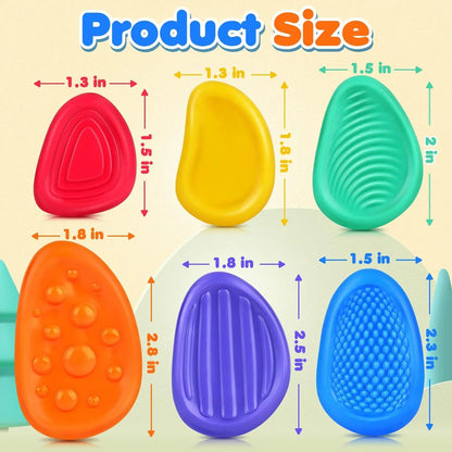 Six Belro silicone sensory stone fidget toys in a pack, designed for stress relief and sensory stimulation, shown in various colors.