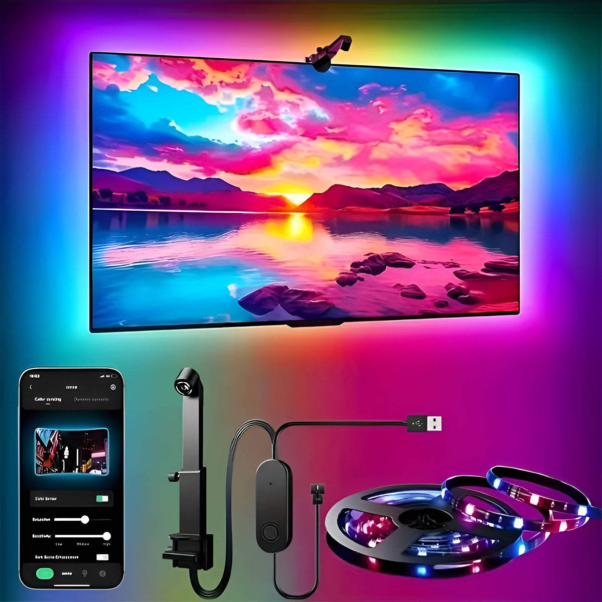 Belro TV backlight LED strip installed behind a television, providing ambient electronic lighting for enhanced viewing experience.