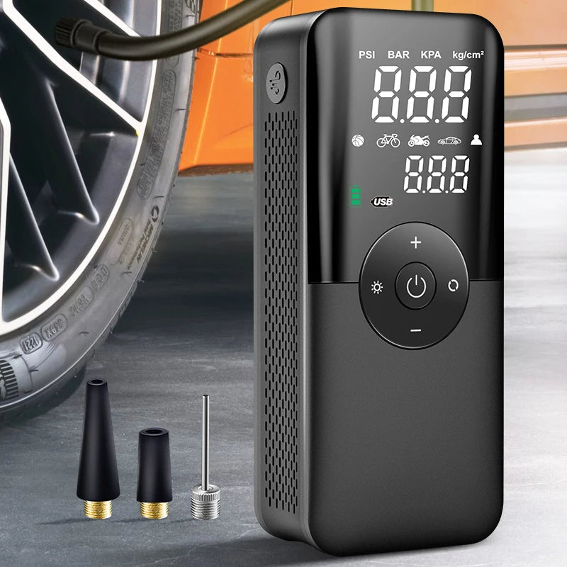 Belro portable tire inflator with rechargeable battery, compact device for inflating car tires at home or on the go