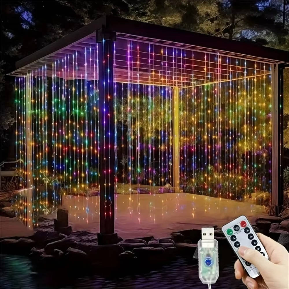 Belro Curtain LED Lights for outdoor home and garden decor, featuring warm glowing string lights hanging in a cozy outdoor space.