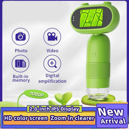 Belro Kids Handheld Microscope showing a small lens and focus knob, ideal for young explorers in electronics and optics.