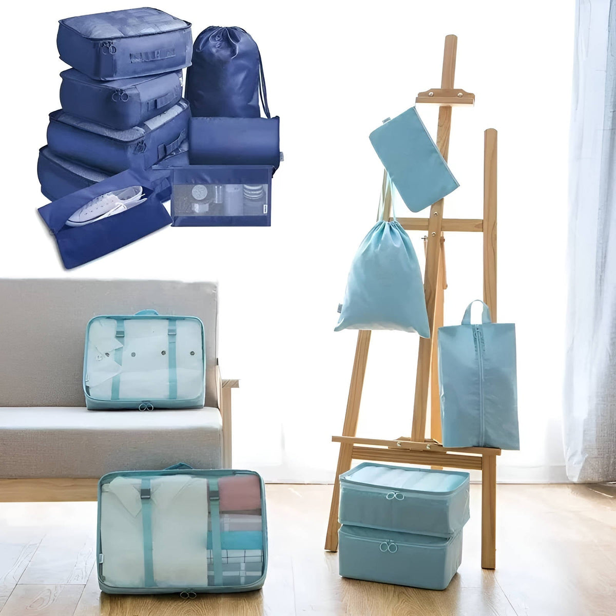 Set of seven Belro travel packing cubes in various sizes, organized inside a suitcase for efficient packing and luggage organization.