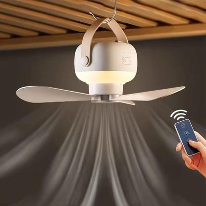 Belro wireless ceiling fan mounted in outdoor space, showcasing modern design and sleek white blades for home and garden use.