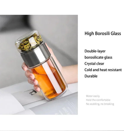 Borosilicate glass double layer tea infuser with 430ml capacity, ideal for brewing loose leaf tea in kitchen and dining settings.