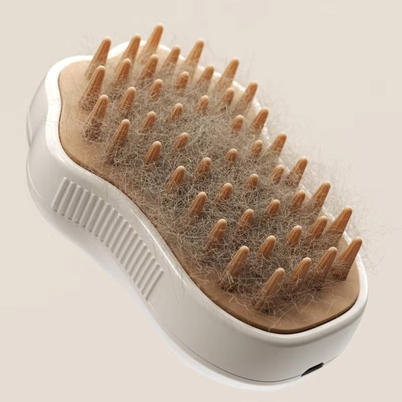 Belro dog brush with steam for grooming, showing the brush's bristles and steam feature for effective pet grooming.